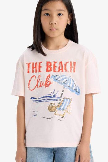 Girls' Oversized Loose Fit Crew Neck Printed Short Sleeve T-Shirt