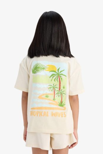 Girls' Relax Fit Bicycle Neck Back Printed Short Sleeve T-Shirt