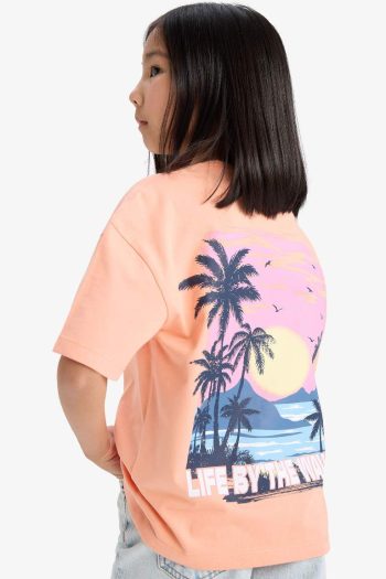 Girls' Relax Fit Bicycle Neck Short Sleeve T-Shirt with Back Print