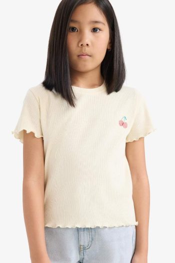 Girls' Slim Fit Fitted Printed Ribbed Short Sleeve T-Shirt with Round Neck