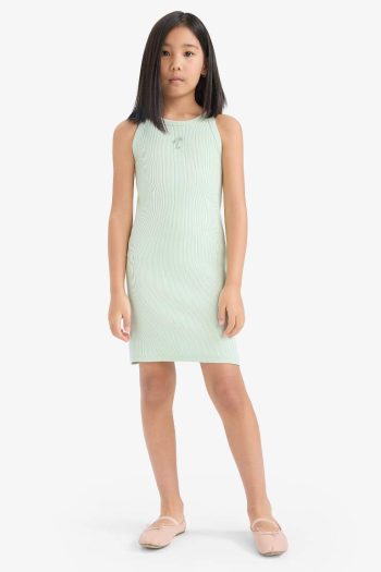 Fitted Bicycle Neck Ribbed Fabric Sleeveless Dress