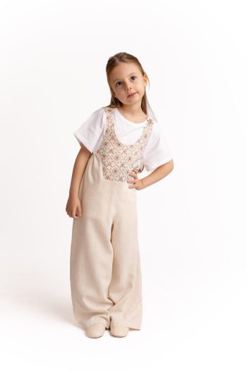 Fully Embroidered Linen Overalls for Kids Aged 2-7 Natural