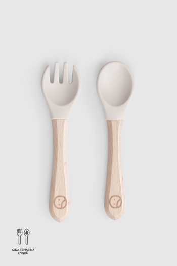 Beige Silicone Fork and Spoon Set with Bamboo Handle