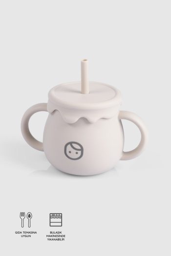 Silicone Water Bottle with Straw and Snack Cup Beige