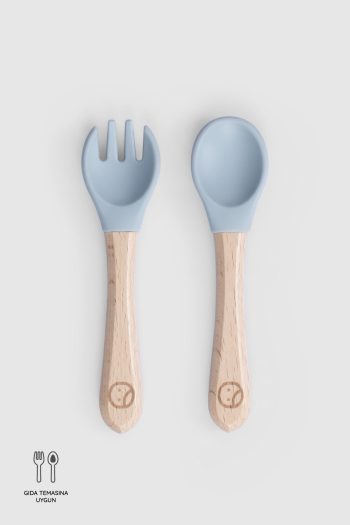 Blue Silicone Fork and Spoon Set with Bamboo Handle