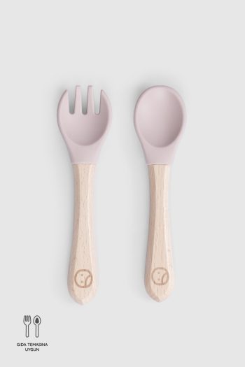 Pink Silicone Fork and Spoon Set with Bamboo Handle