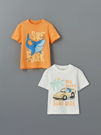 Orange Crew Neck Printed Boys' T-Shirt Set of 2
