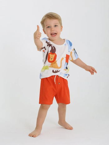 Luggi Baby Orange Crew Neck Printed Baby Boy T-Shirt and Shorts 2-Piece Set