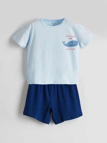 LCW Baby Blue Printed Boys' Pajama Set with Shorts