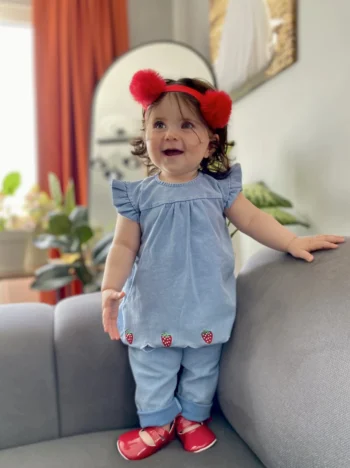 Strawberry Embroidered Detailed Back Button-Up Summer Knit Denim 2-Piece Set
