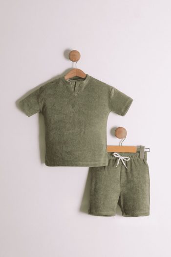 Boys' Half Button Toweling Fabric Khaki T-Shirt and Shorts Set