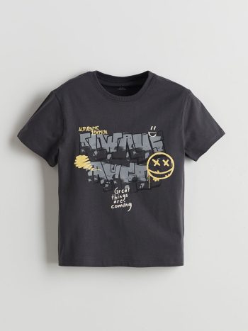 LCW Kids Antrasit Crew Neck Printed Boys' T-Shirt