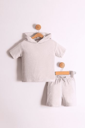 Toddler Boy Hoodie Towel Fabric Stone Color T-Shirt - 2-Piece Set with Shorts