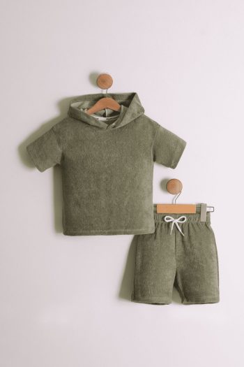 Hooded Towel Fabric Khaki T-Shirt and Shorts Set for Boys