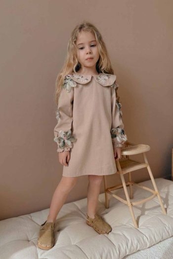Miniğimin Cicileri Textured Floral Embroidered Girls Gabardine Dress - Beige