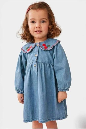 Miniğimin Cicileri Cherry Embroidered Collar Button Detail Denim Dress for Girls - Blue