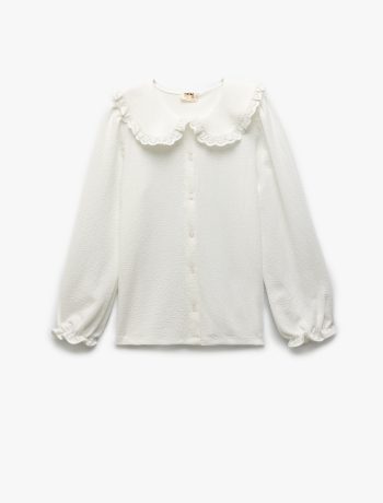 Ruffled Detail Button-Up Long Sleeve Peter Pan Collar Blouse for Girls