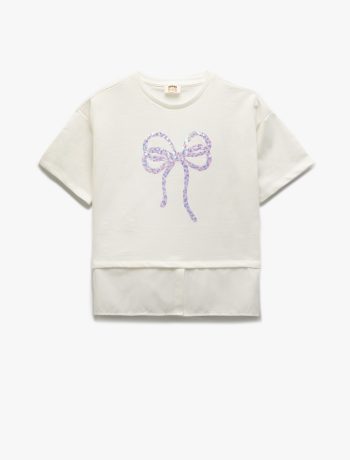 Girls' Sequined T-Shirt with Ribbon Detail and Short Sleeves