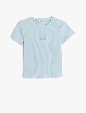 Girl's Butterfly Embroidered Detail Ribbed Cotton T-Shirt