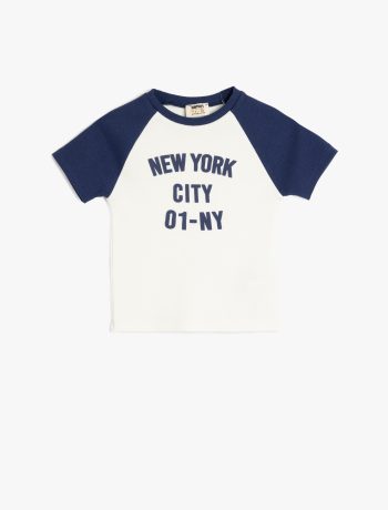Girls' Bicycle Neck Printed Detail Color Block Short Sleeve T-Shirt