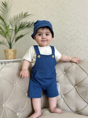 Bucket Hat %100 Cotton Fabric T-Shirt and Dungaree 3-Piece Set