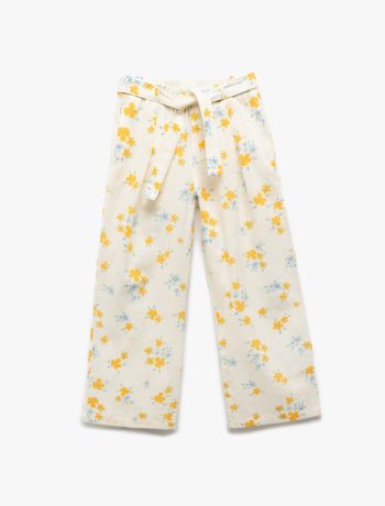 Girls' Cotton Floral Pattern Wide Leg Trousers with Belt Detail