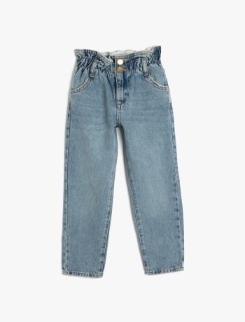 Girls' Denim Pants with Button Detail and Pockets, Cotton