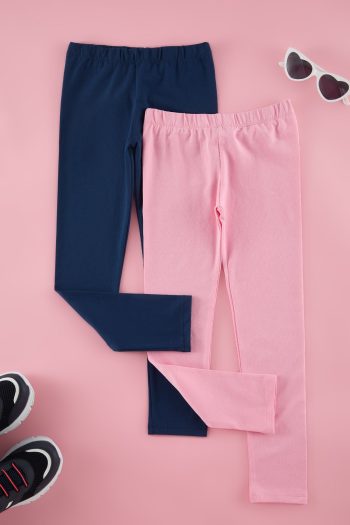TRENDYOLKIDS Indigo-Pink 2-Piece Cotton Girls' Plain Knit Leggings TKDSS25TA00006