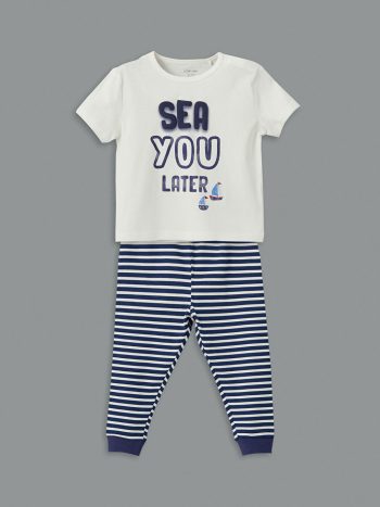 LCW Baby Ivory Crew Neck Printed Baby Boys' Pajama Set