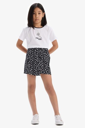 Girl's 2-Piece Set Short Sleeve T-Shirt with Pattern and Stretchy Waist Skirt Shorts