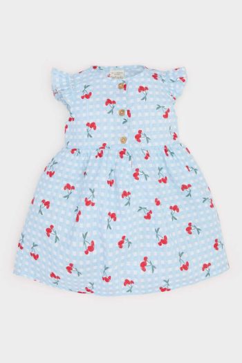 Girl's Short Sleeve Printed Poplin Dress with Frill