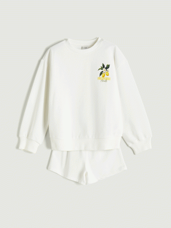 LCW Kids  Off-White Round Neck Girls' Sweatshirt and Shorts
