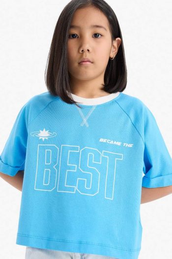 Girl's Boxy Fit Crew Neck Slogan Printed Short Sleeve T-Shirt