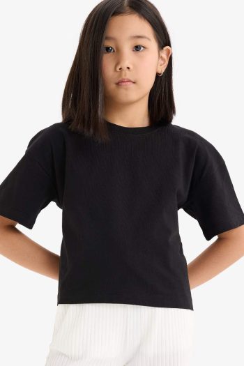 Girls' Relax Fit Crew Neck Basic Plain Short Sleeve T-Shirt