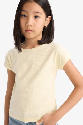 Girl's Slim Fit Tight-Fitting Crew Neck Basic Ribbed Short Sleeve T-Shirt