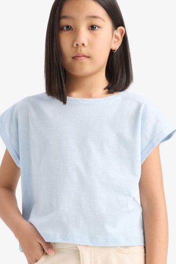 Girl's Boxy Fit Crew Neck Basic Plain Short Sleeve T-Shirt