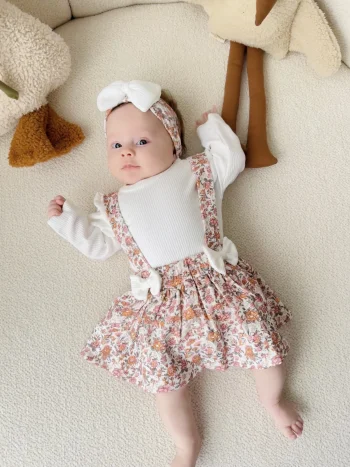 Floral Patterned Ruffled Shoulder Bow Detail Headband 3-Piece Baby Girl Romper & Dress