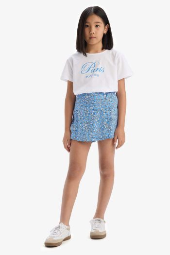 Girls' 2-Piece Set Printed Short Sleeve T-Shirt with Floral Shorts Skirt