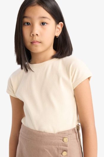 Girl's Slim Fit Tight Fitting Crew Neck Basic Ribbed Short Sleeve T-Shirt