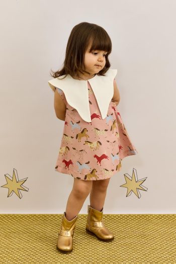 Pink Dress with Asymmetric Collar and Horse Pattern