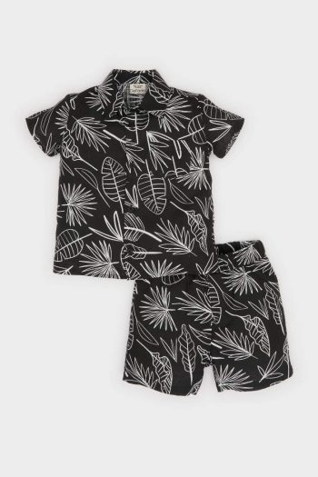 Boys' Baby 2-Piece Set with Patterned Flagged Poplin Short-Sleeve Shirt and Elastic Waist Shorts