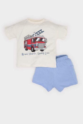 Boy's 2-Piece Set with Vehicle Print Short-Sleeve T-Shirt and Elastic Waist Shorts