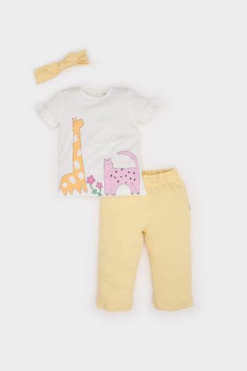 Girl Baby 3-Piece Set Ribbed Stretch Printed Short-Sleeve T-Shirt with Elastic Waist Bottom and Hairband