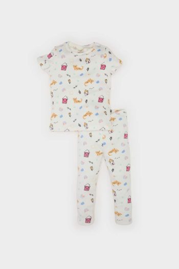 Girl's Pajama Set with Patterned Short Sleeve Ribbed Top and Elastic Waist Long Bottom