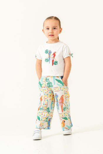 Girls' Ivory Tropical Patterned Pants and Embroidered T-Shirt Set