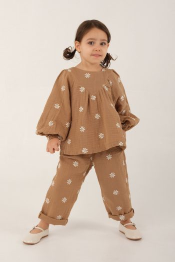 Embroidered Muslin Set - Milk Coffee