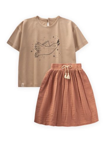 Bird Printed Stone Detail Muslin Skirt Set 2-8 Years Beige