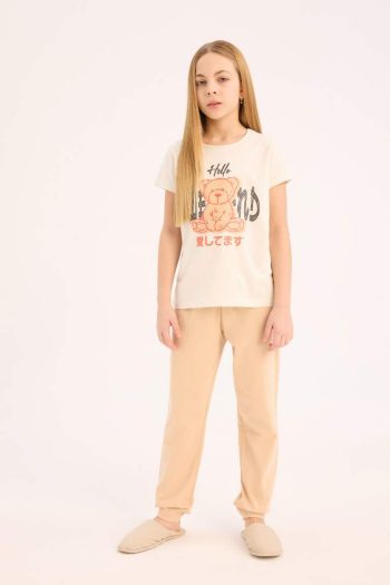 Girls' Pajama Set with Printed Short Sleeve Top and Long Pants with Elastic Waistband