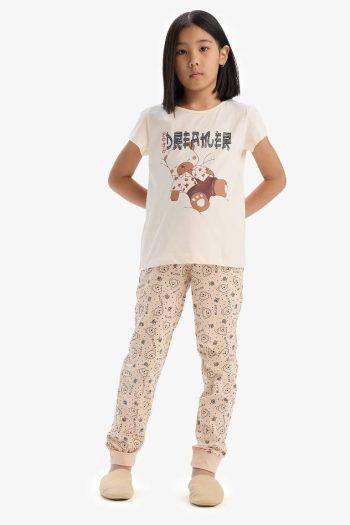 Girl's Pajama Set with Printed Short-Sleeve Top and Patterned Bottom