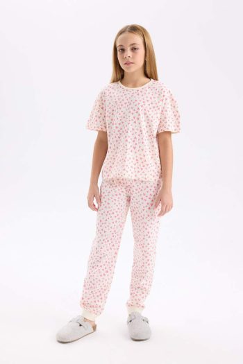 Girls' Pajama Set with Heart Pattern, Short Sleeve Top and Long Bottom